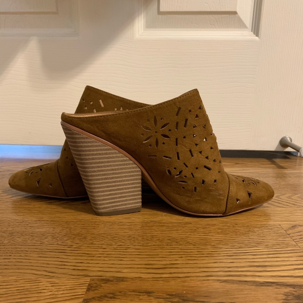BCBG Laser Cutout Suede Mules